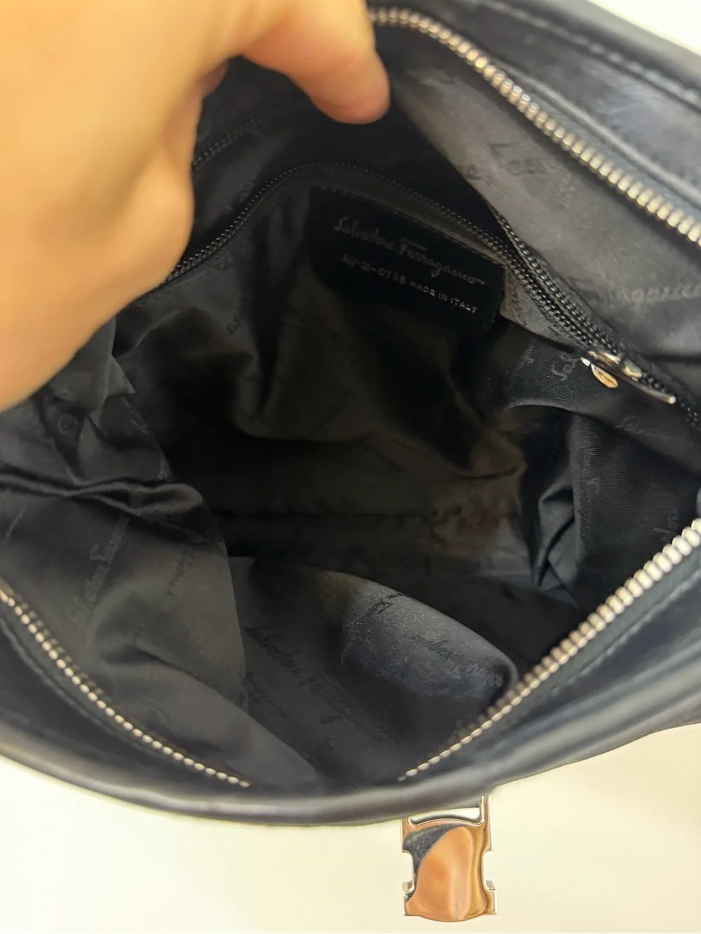 Salvatore Ferragamo Black Nylon Gancini Shoulder Bag Leather Trim Italy